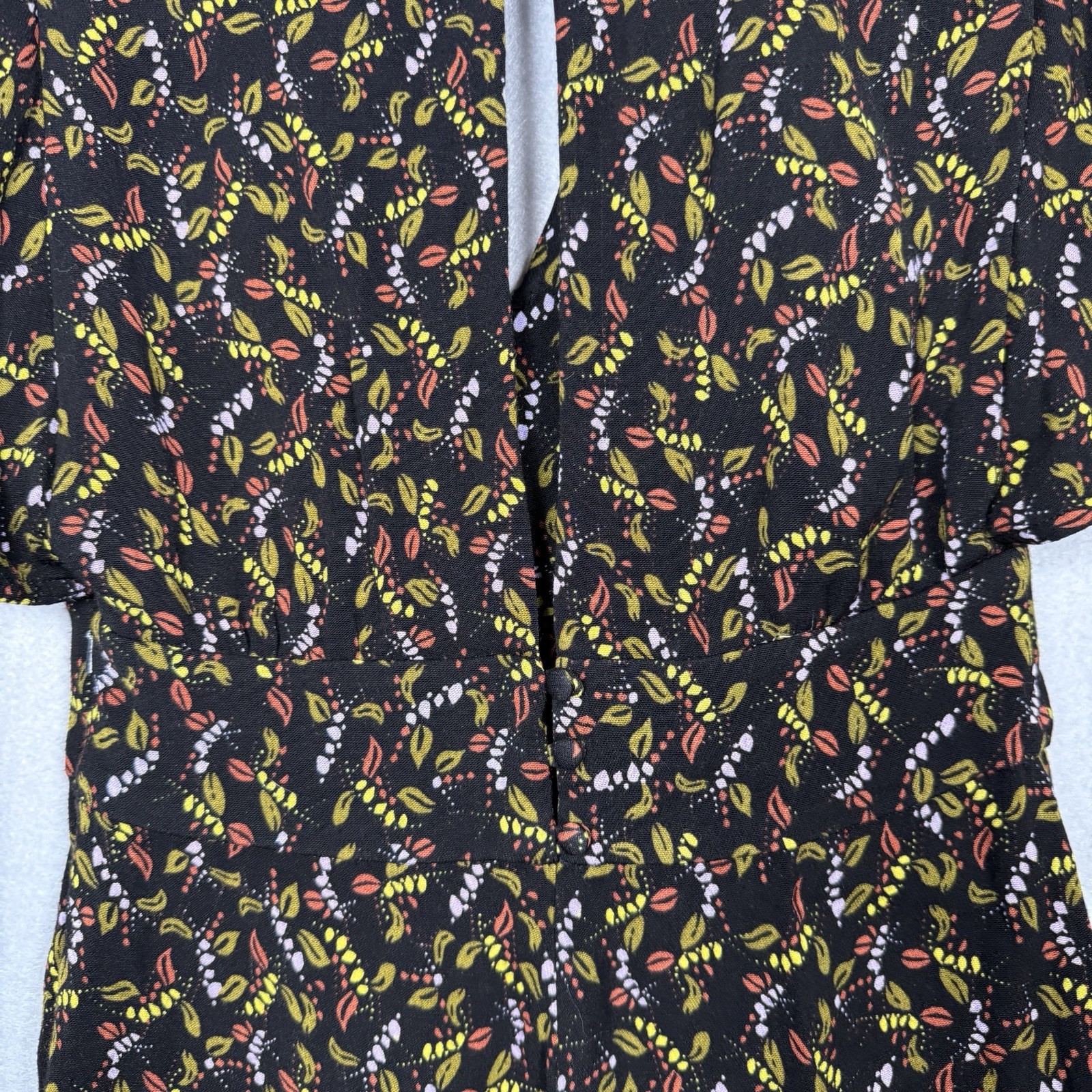 Free People Romper Boho Granola Dark Fairy Black Green Leaf Print Sz 0