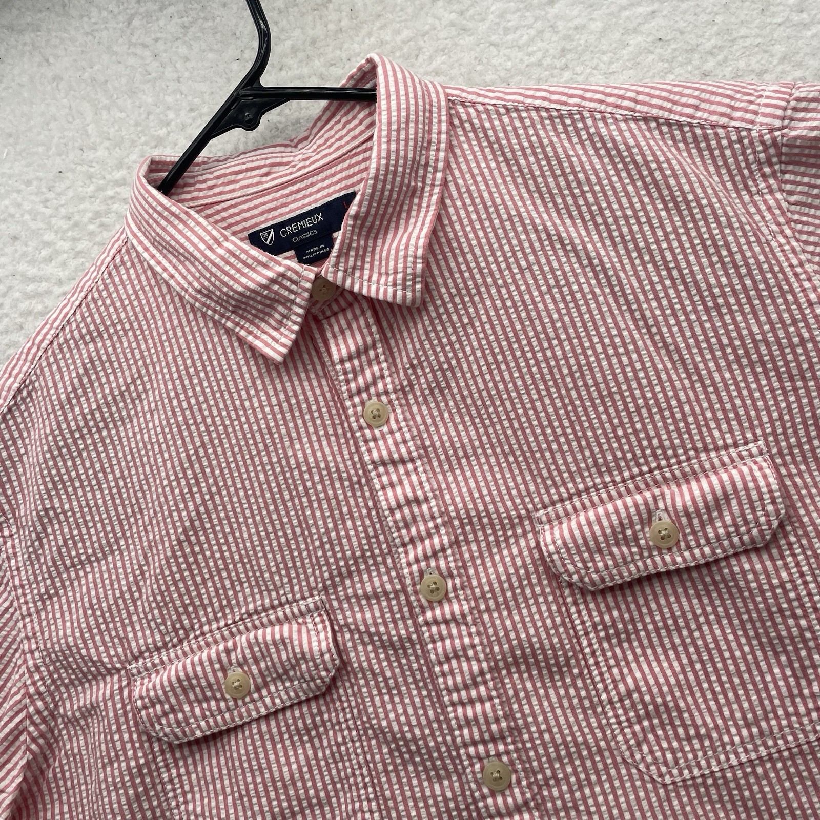 Cremieux Seersucker Shirt Mens Large L Pink White Striped Chest Pockets Preppy