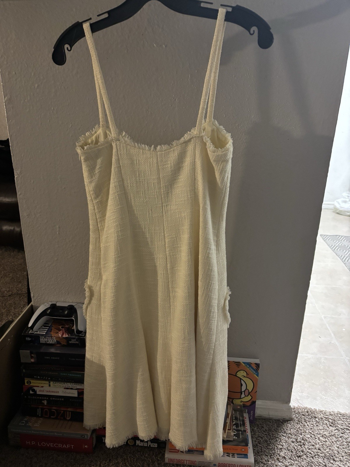 Moschino Cheap and Chic Ivory/Black Tweed Shift Dress Bow Fringe Sz 8