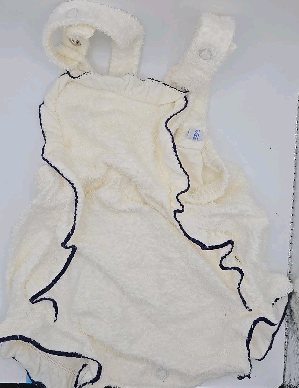 Vintage Carters 6 Month Terry Cloth Footed Outfit Unisex White And Navy Ruffle