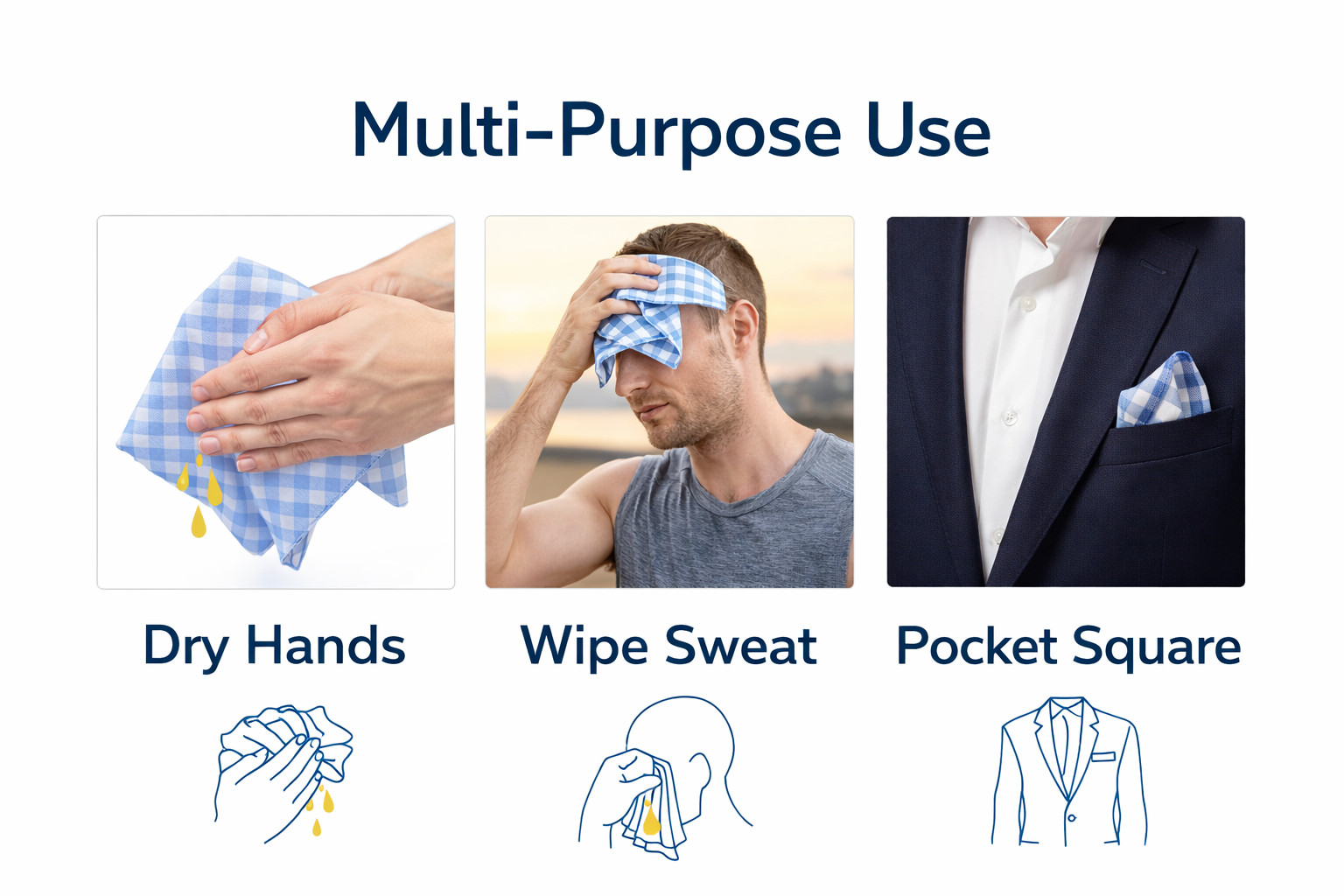 Men’s Cotton Handkerchief Set 3 Pack Blue Plaid Pocket Square Soft Reusable