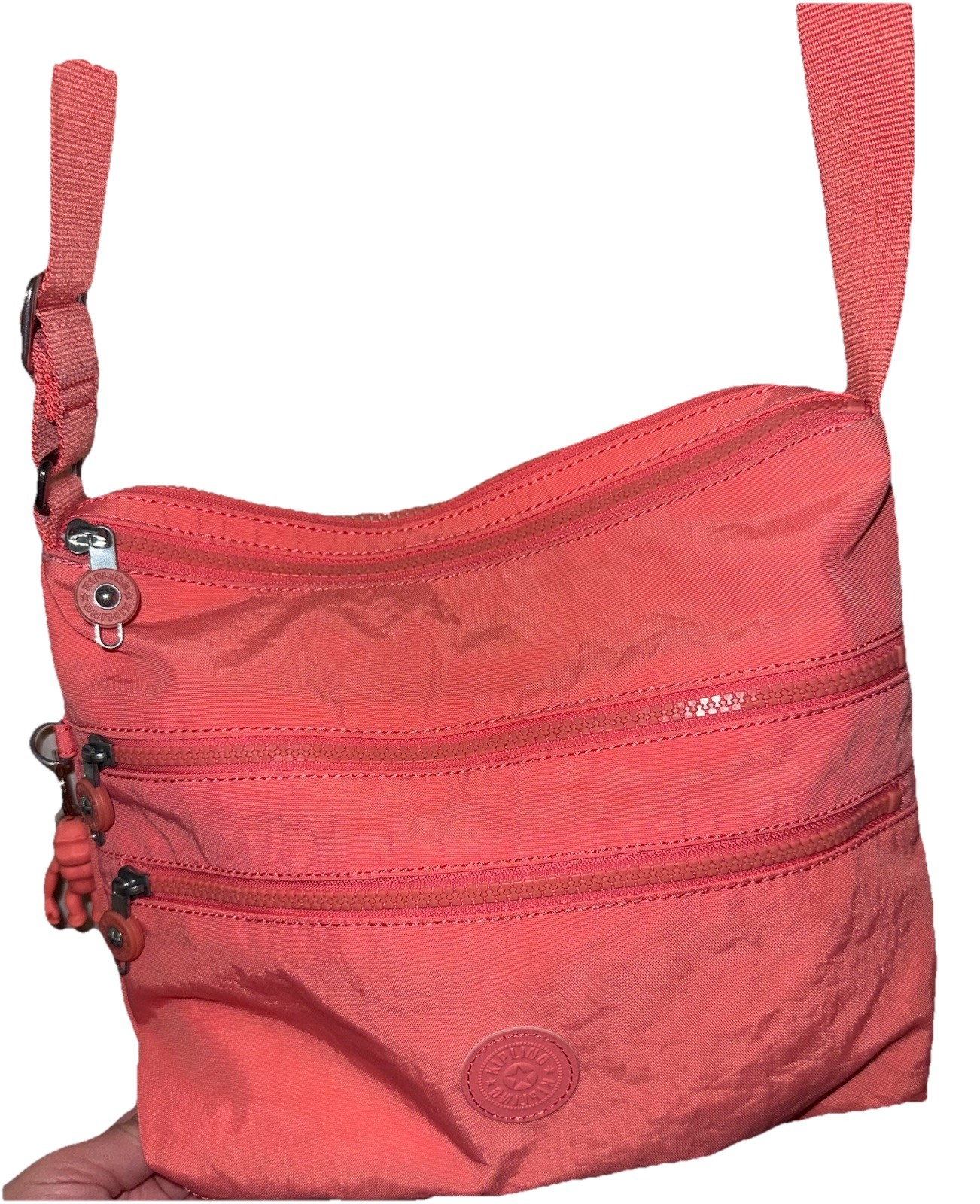 Kipling Peach Crossbody Bag Zip Closure Adjustable Strap Monkey Charm