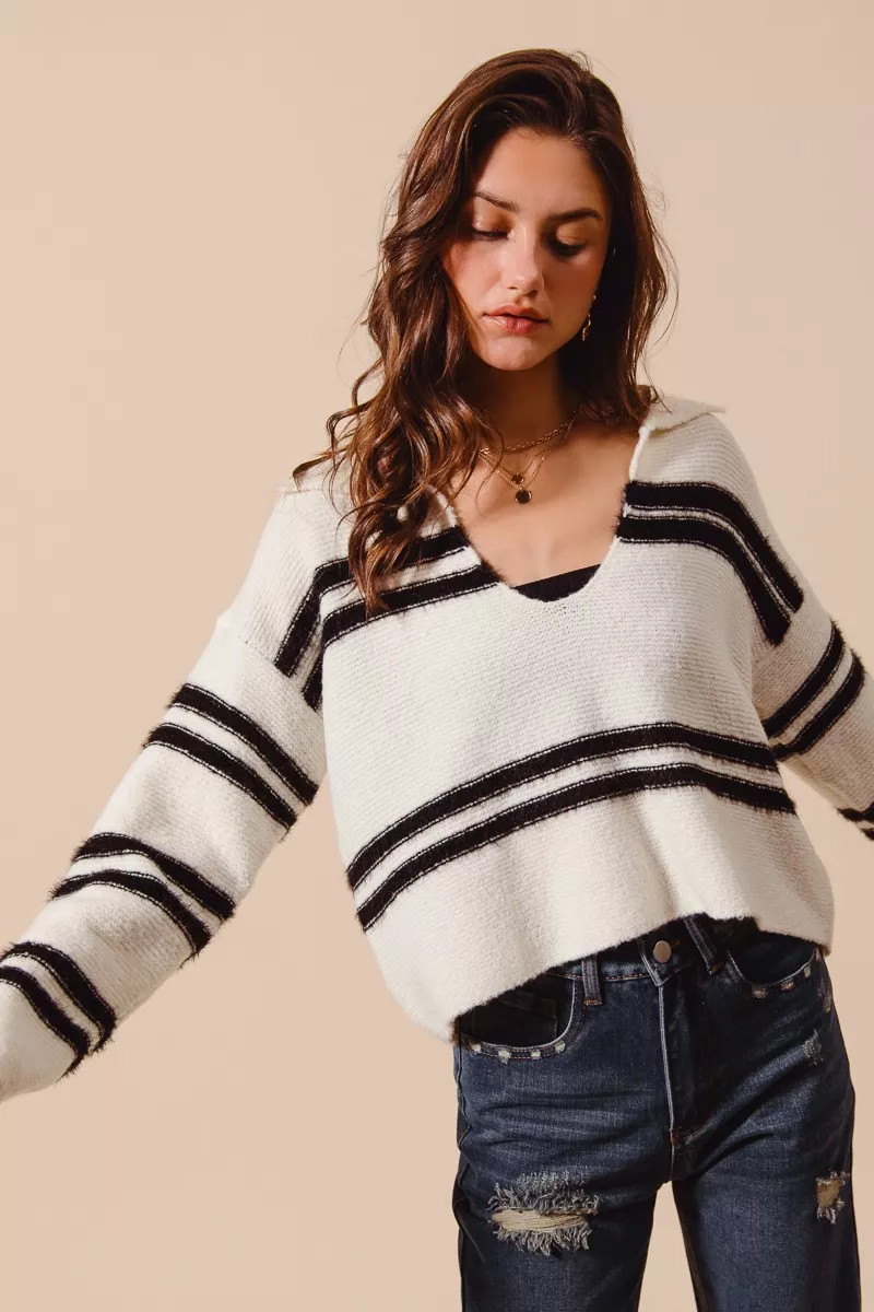 SO ME Fuzzy Hairy Stripe Deep U Neck Sweater