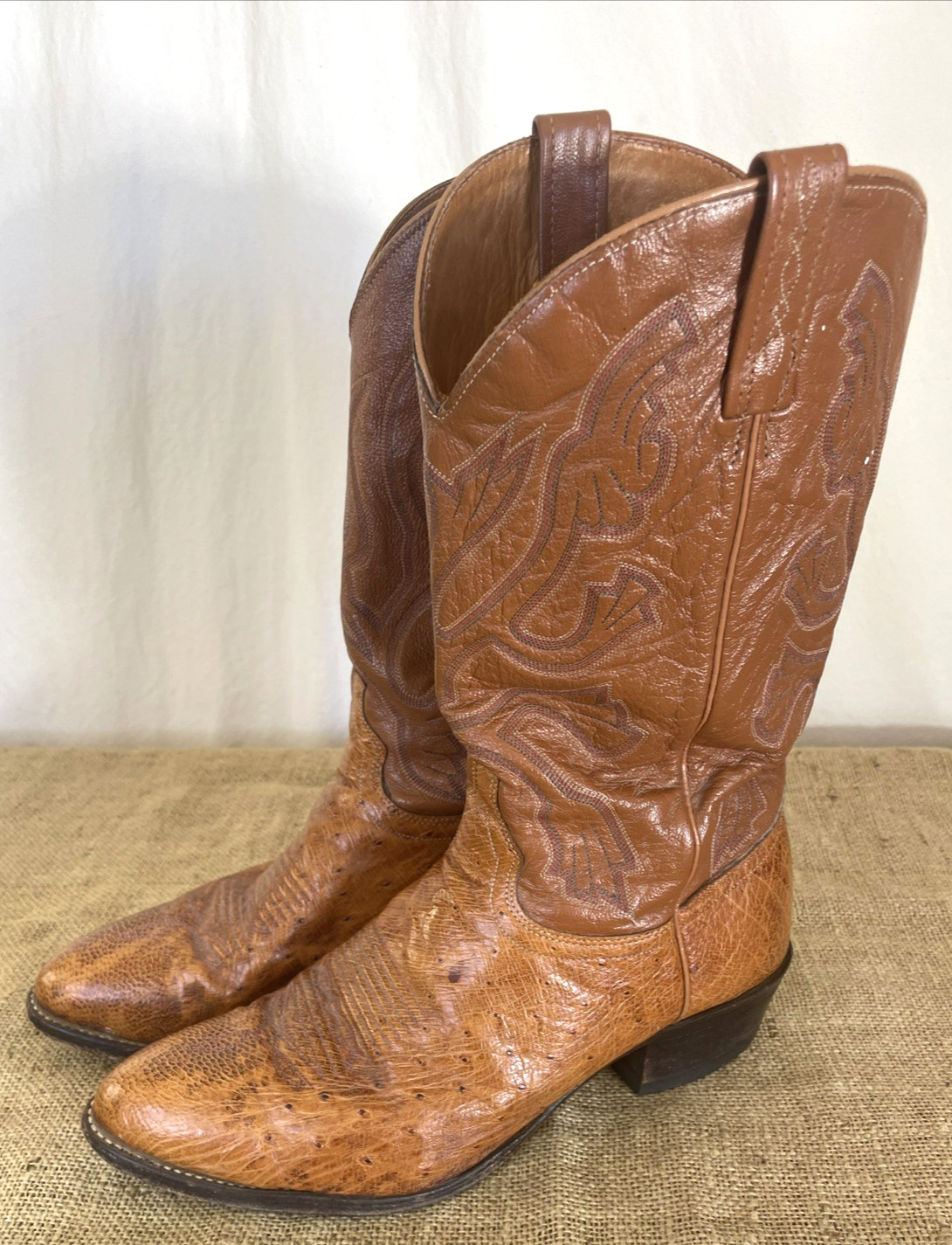 VTG J Chisholm Men Size 11.5D Full Quill Ostrich Leather Cognac Cowboy Boots USA