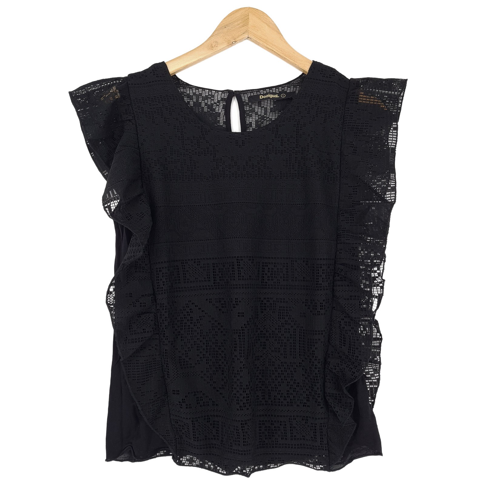 Desigual Blouse Black Geo Smart Top Elegant Office Workwear Women Bv5 Size L