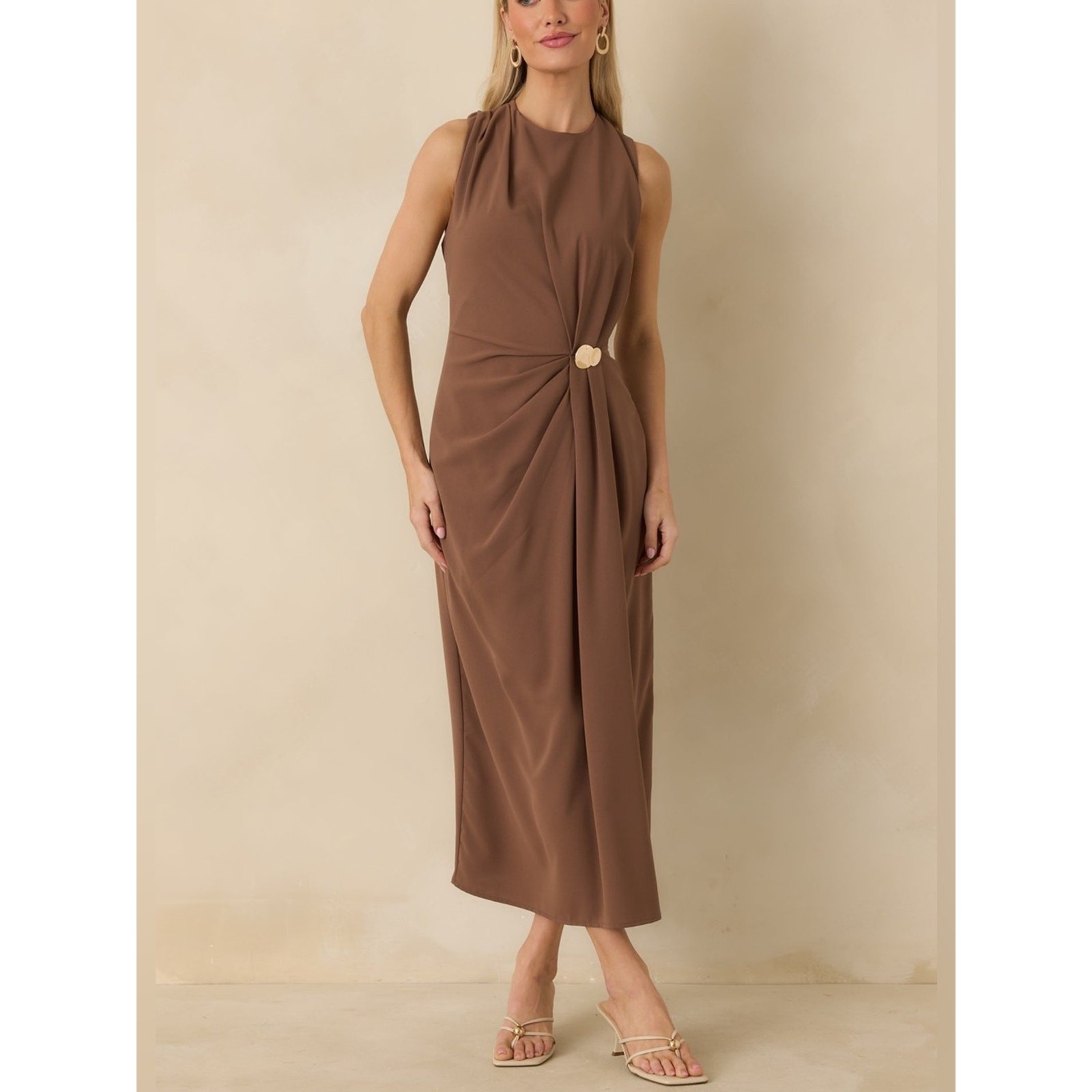 Entro Octavia Gold Buckle Midi Dress Mocha Mousse NWT Size Large