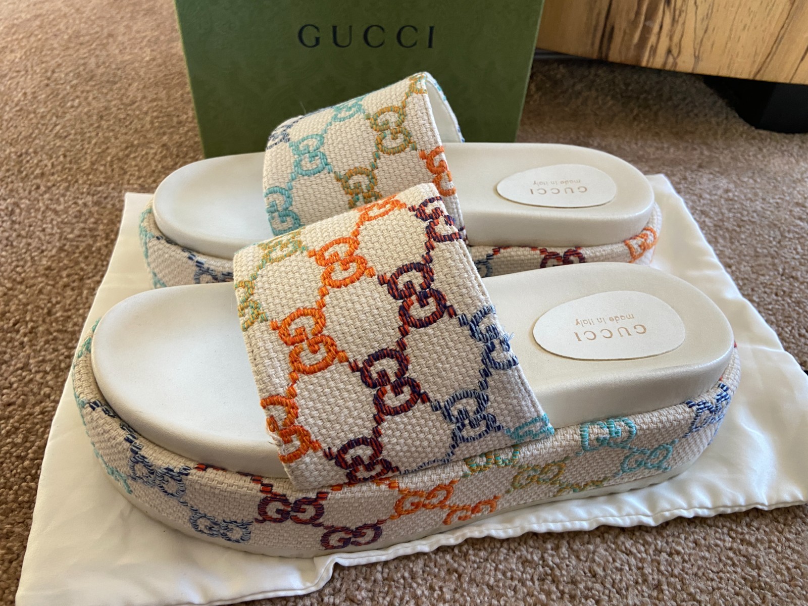 GUCCI ANGELINA Platform Multicolor logo print EMBROIDERED canvas slides 39