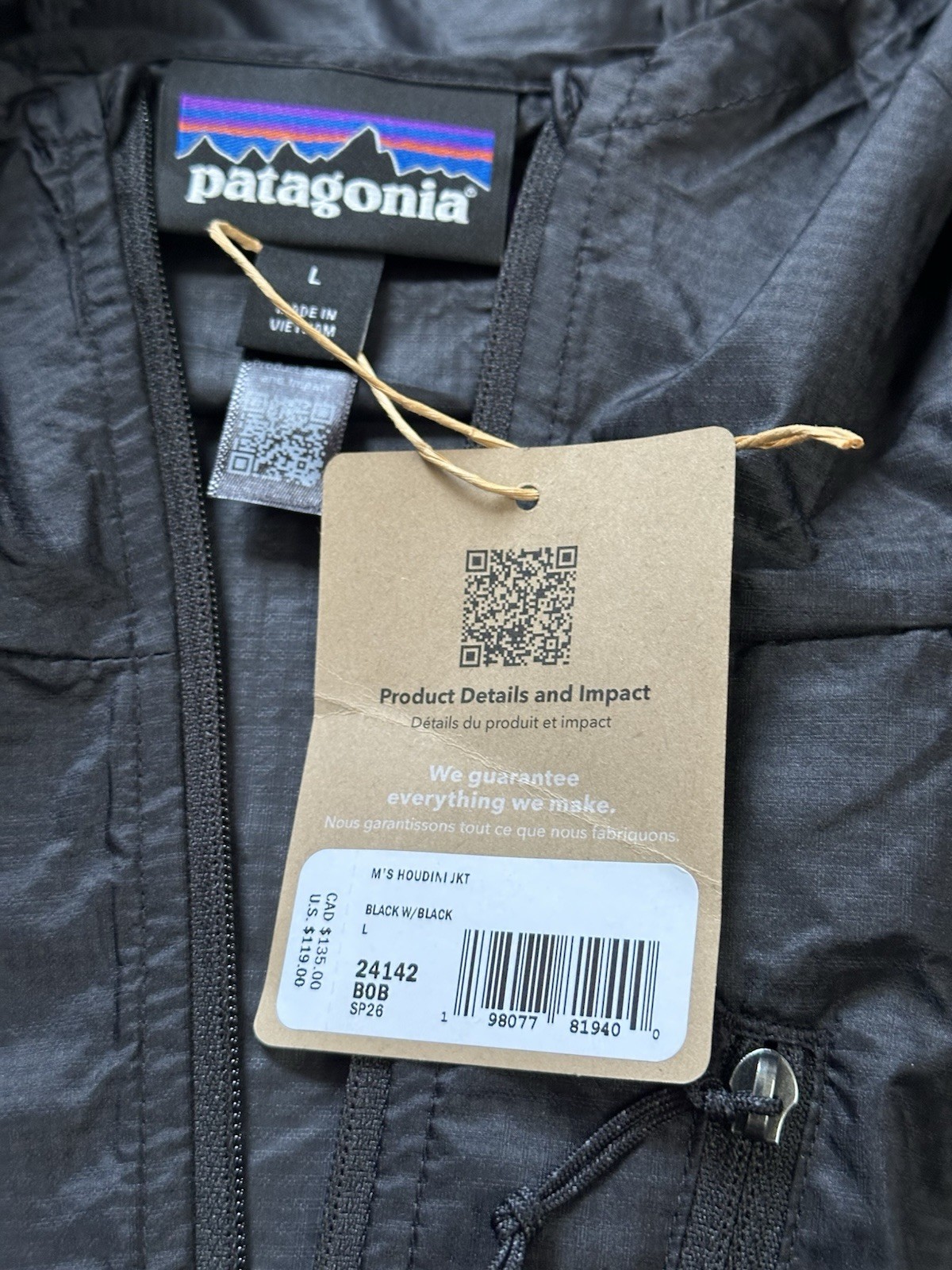 NEW 2026 Patagonia Houdini Full Zip Pullover Mens LARGE Black SP26 24142