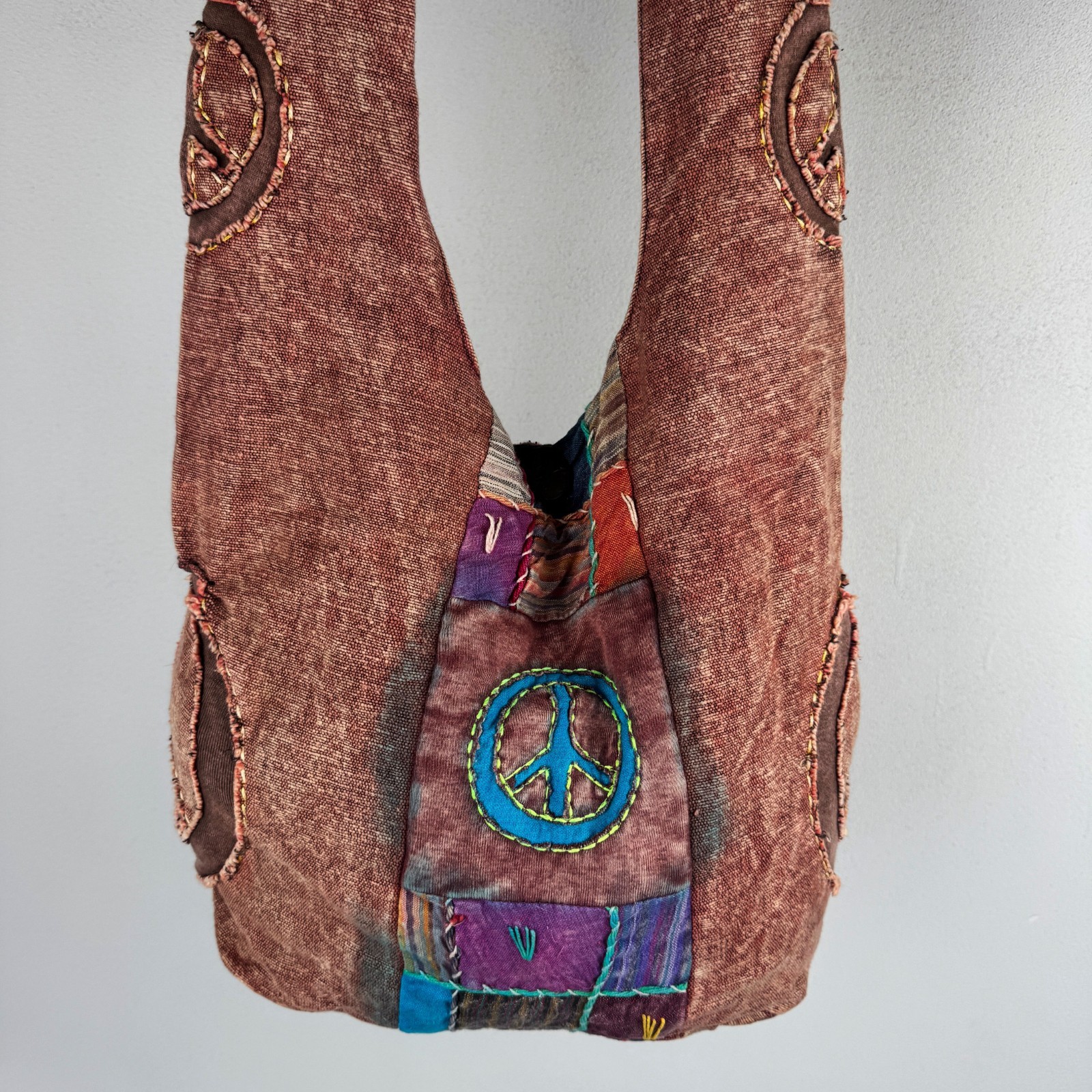Vintage Hippie Patchwork Peace Sign Shoulder Bag Boho Festival Gypsy Tote