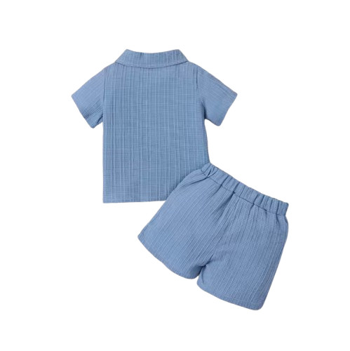 Baby Boy Jacquard Outfit – Short Sleeve Woven Shirt Top + Matching Shorts