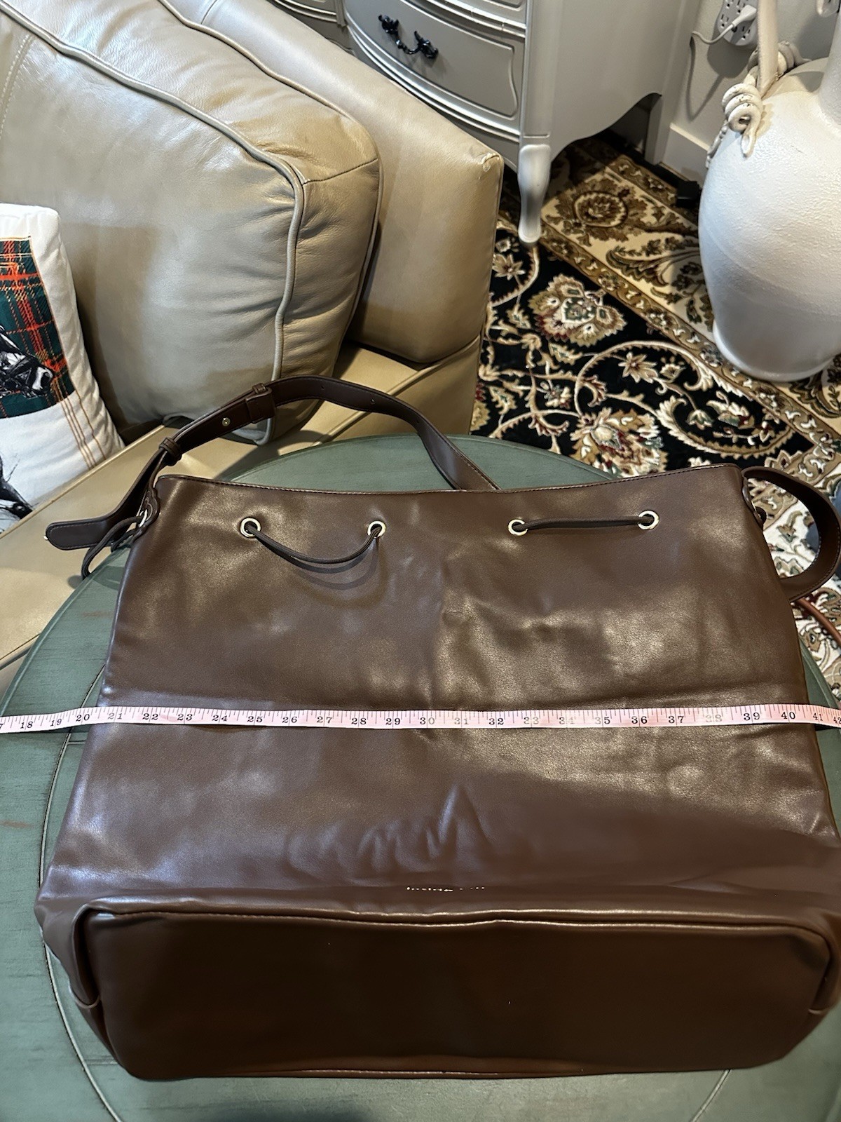 Inside Out Women Brown Bucket Drawstring Bag | Detachable Strap | Gold | Pockets