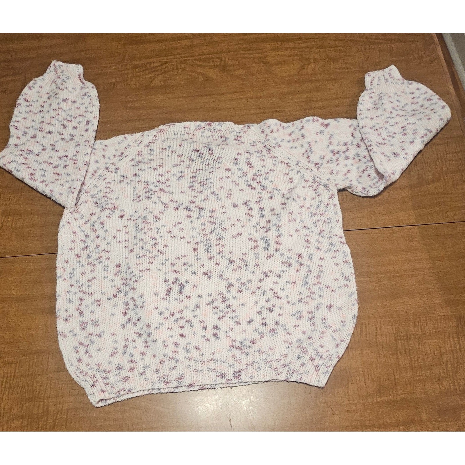 Vntg 80s Homemade Confetti Pastel Flecks V-Neck Knit Sweater M L Puff Sleeves K