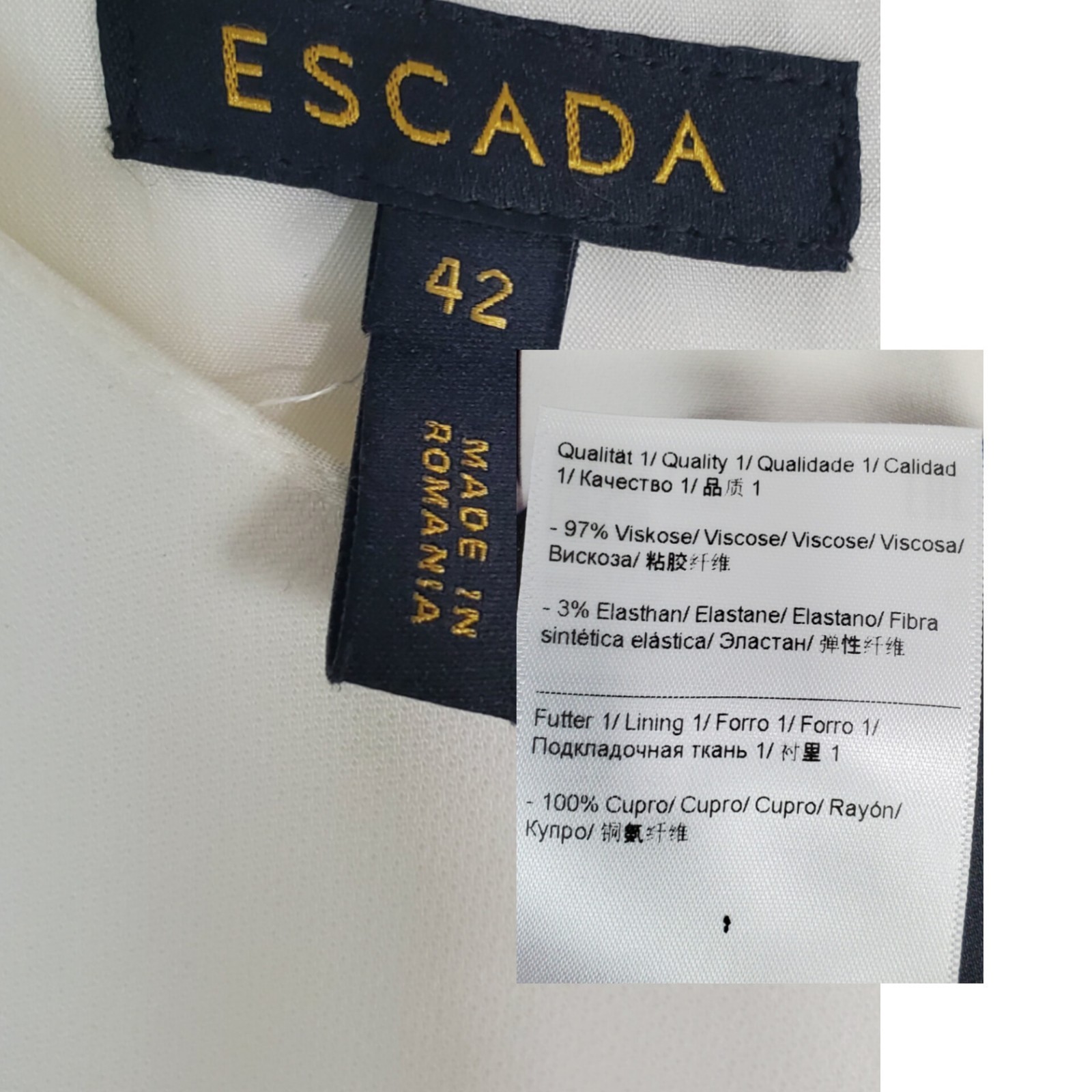 Escada 42 large floral sheath dress short sleeves ruffle white multi summer boho