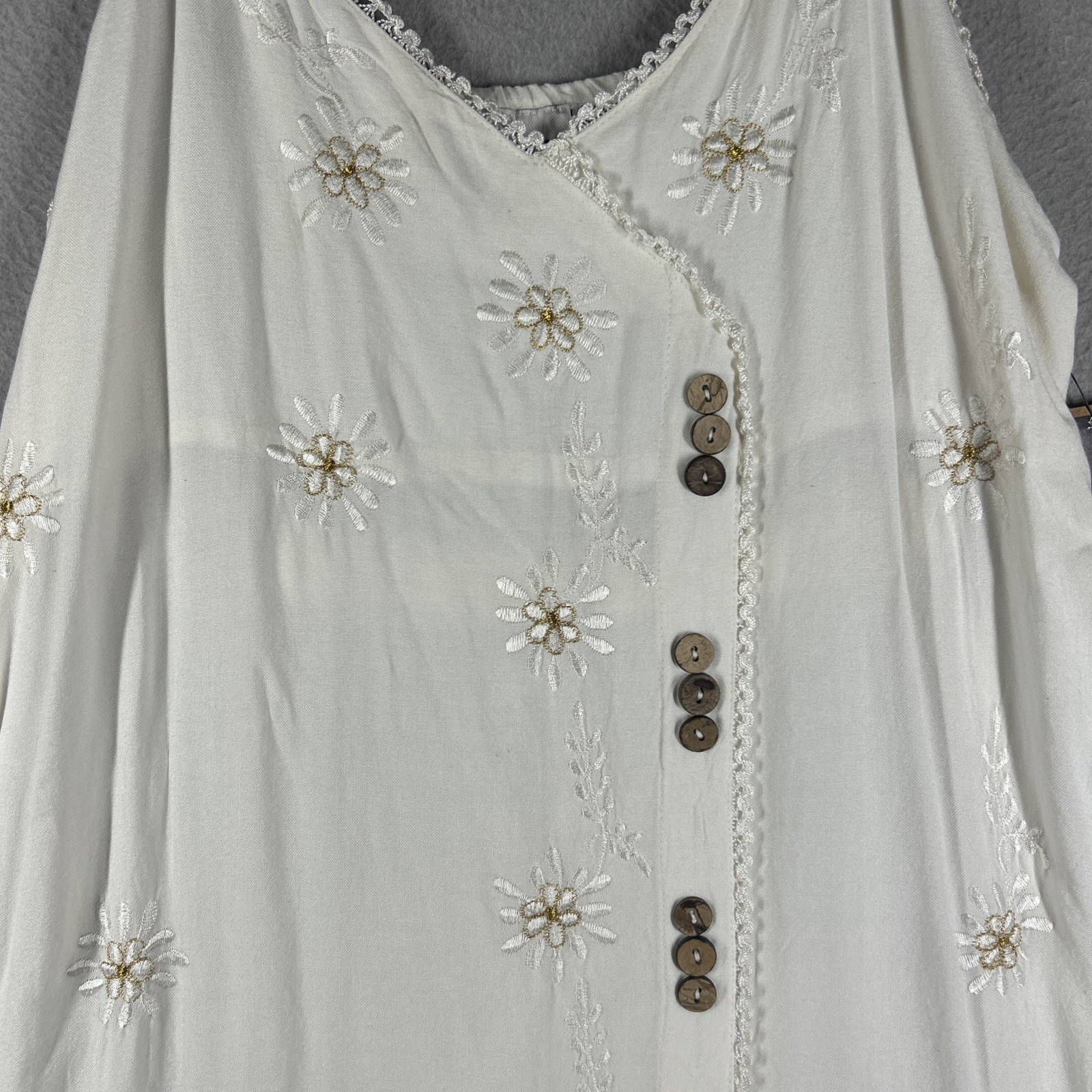 Raya Sun Women’s Size L Boho Embroidered Sundress Lace Trim Hand Wash Beige 38”