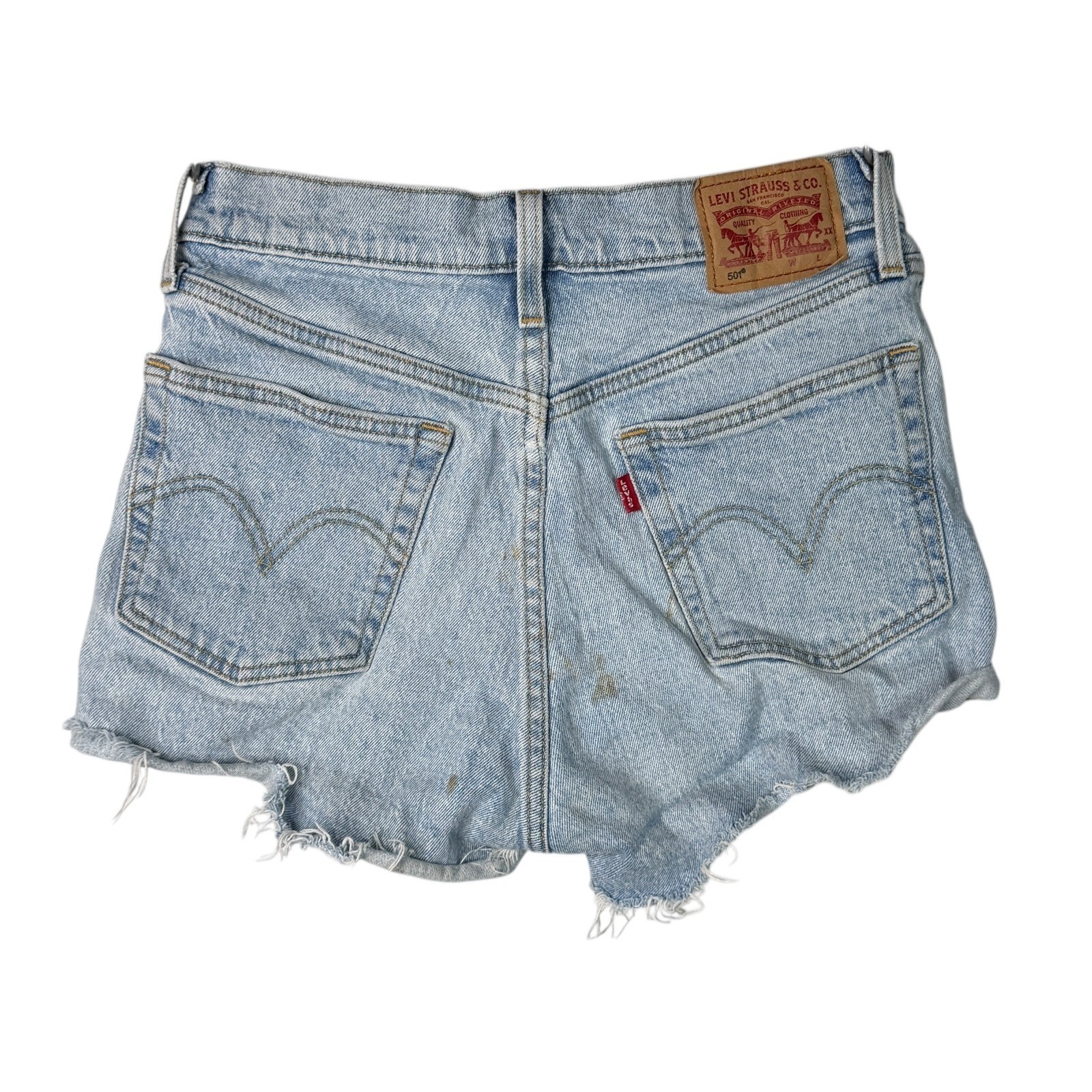 Levis 501 Cut Off Jean Shorts FLAW Distressed Denim High Rise Light Wash 27