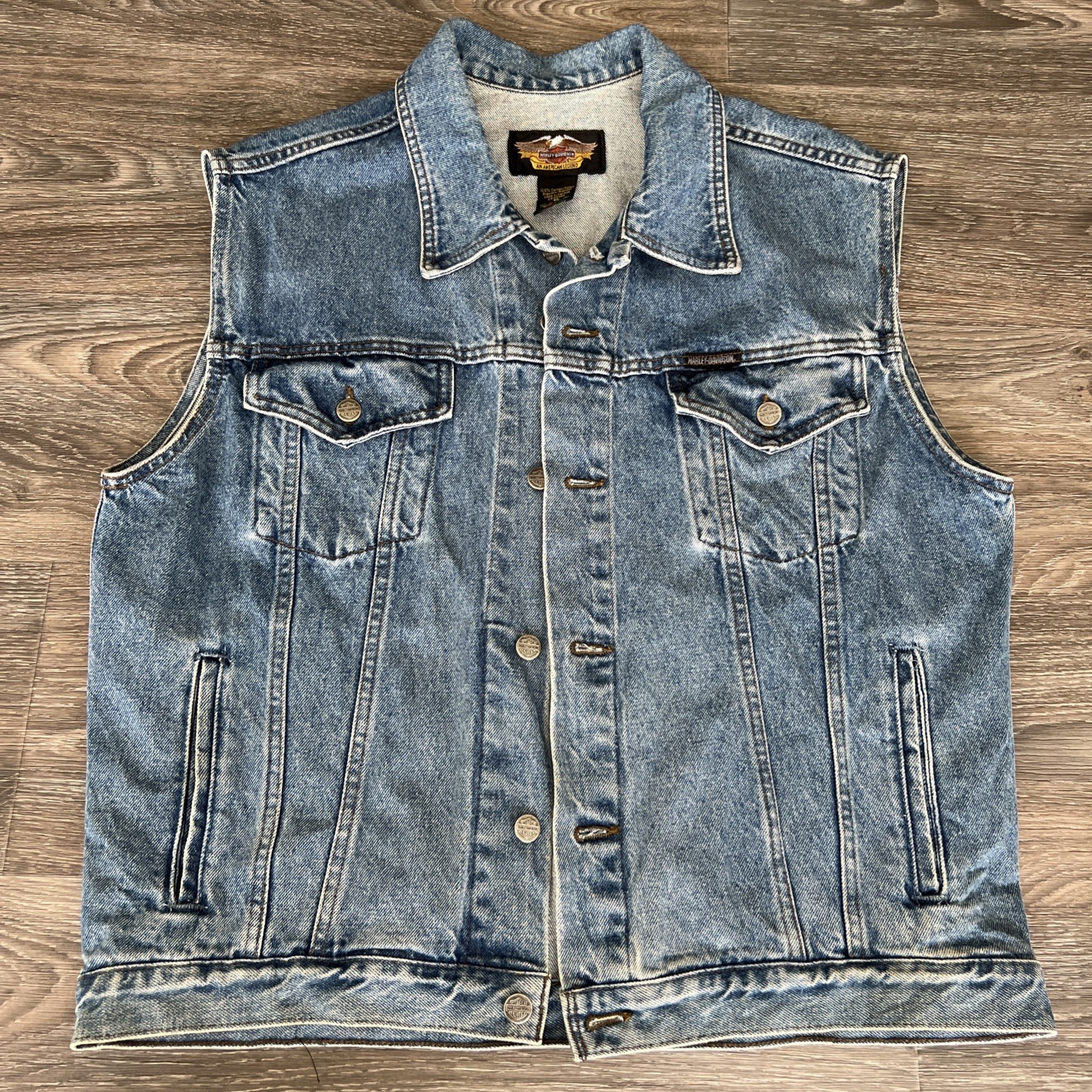 Harley Davidson Denim Vest Blue Wash Bar & Shield Mens Size M