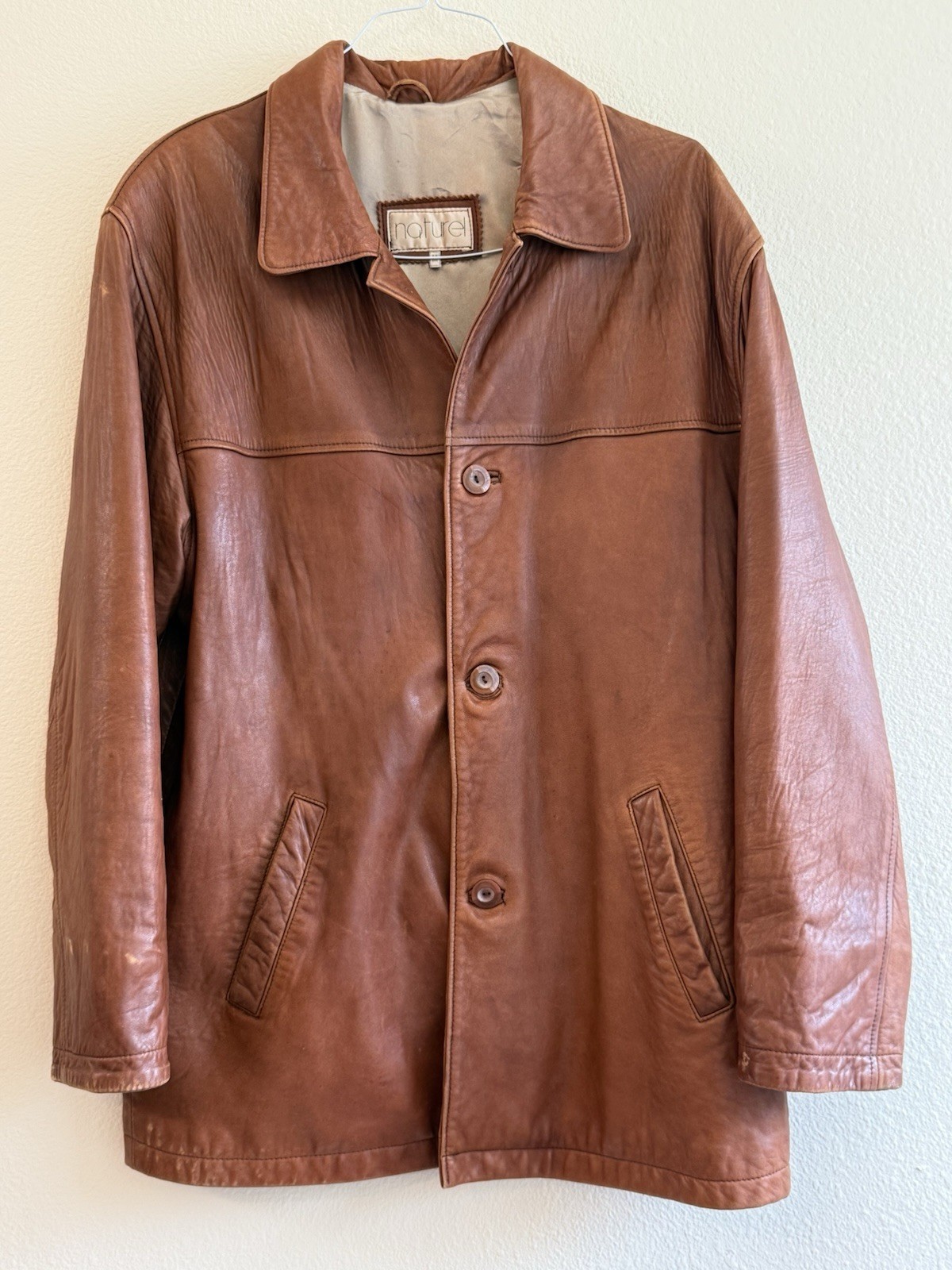 Vintage Naturel Cognac Brown Leather Car Coat Jacket – Men’s Medium