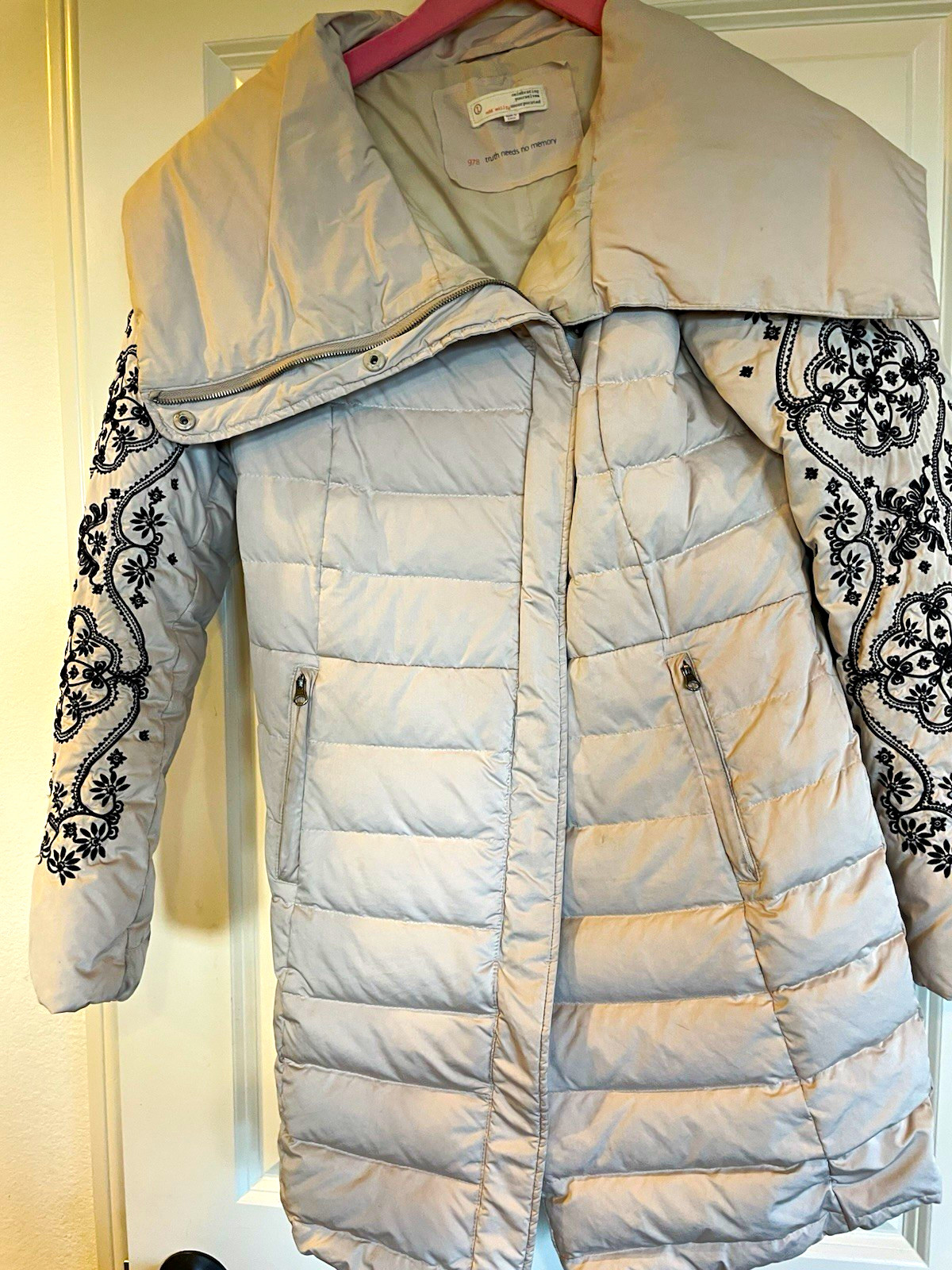 Women’s Odd Molly Anthropologie Ecru & Black Embroidered Puffer Coat Sz. 1 Small