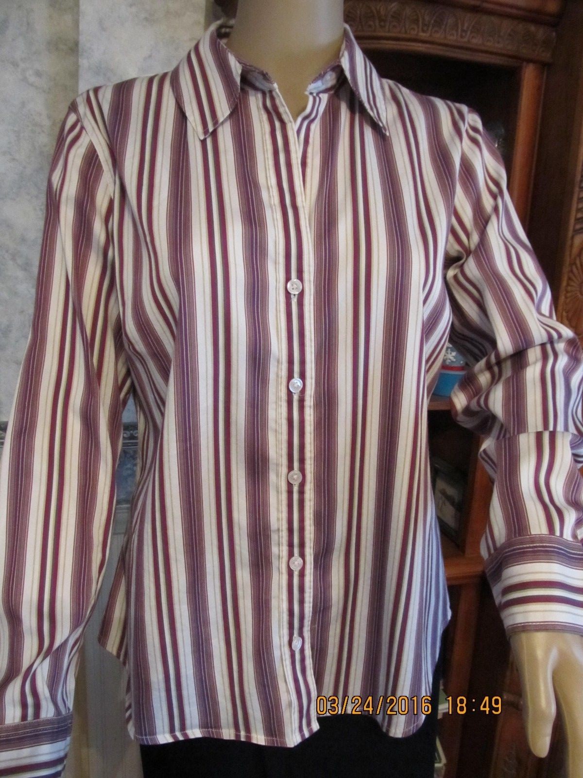 NICE “CHICO’S” WASHABLE COT/NYLON/SPAN BUTTON UP WHITE/TAN/MAGENTA BLOUSE-SZ 1