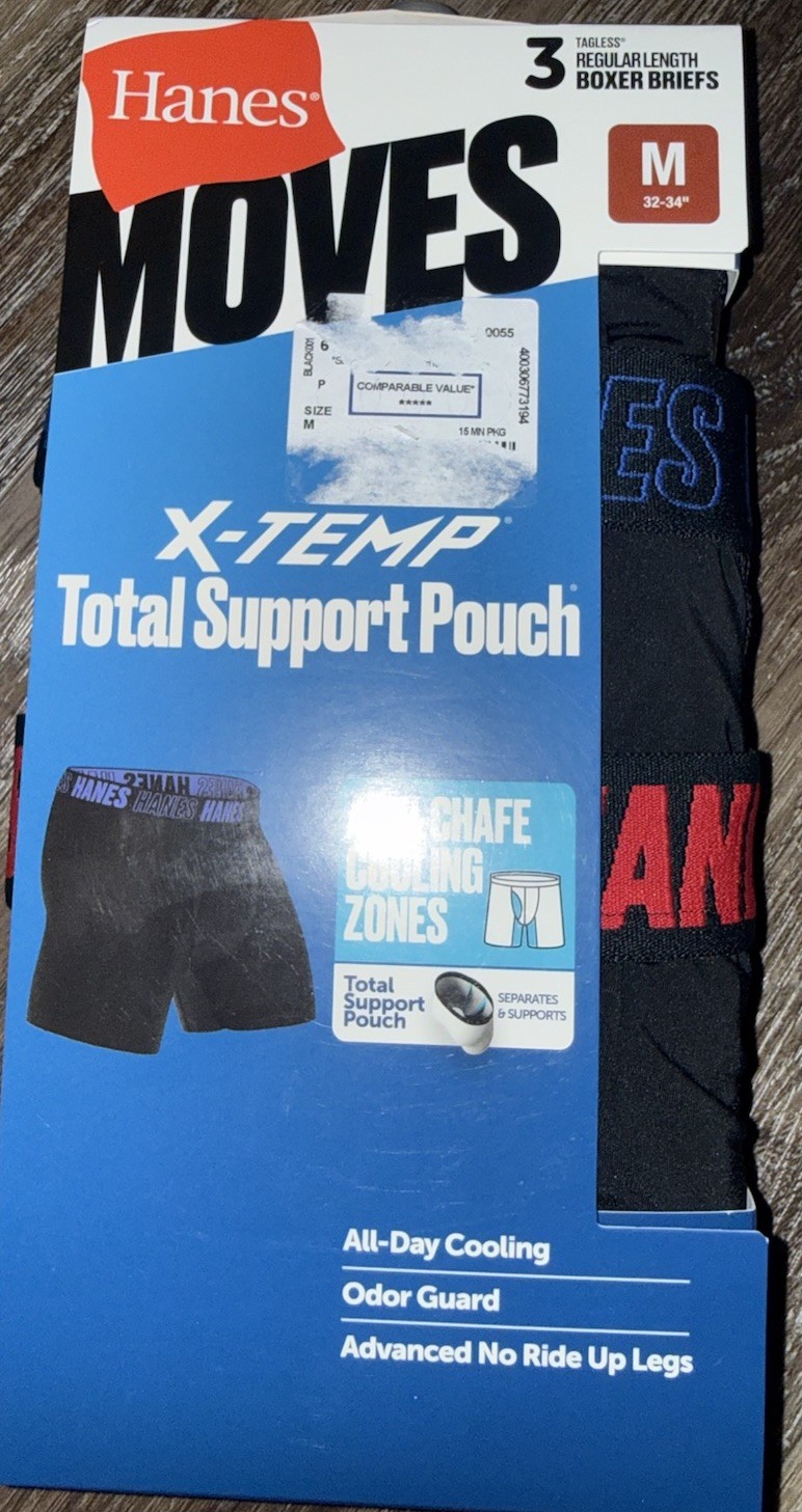 Hanes Moves 3-Pair Mens Boxer Brief Underwear Nylon Blend X-Temp Black ~ M