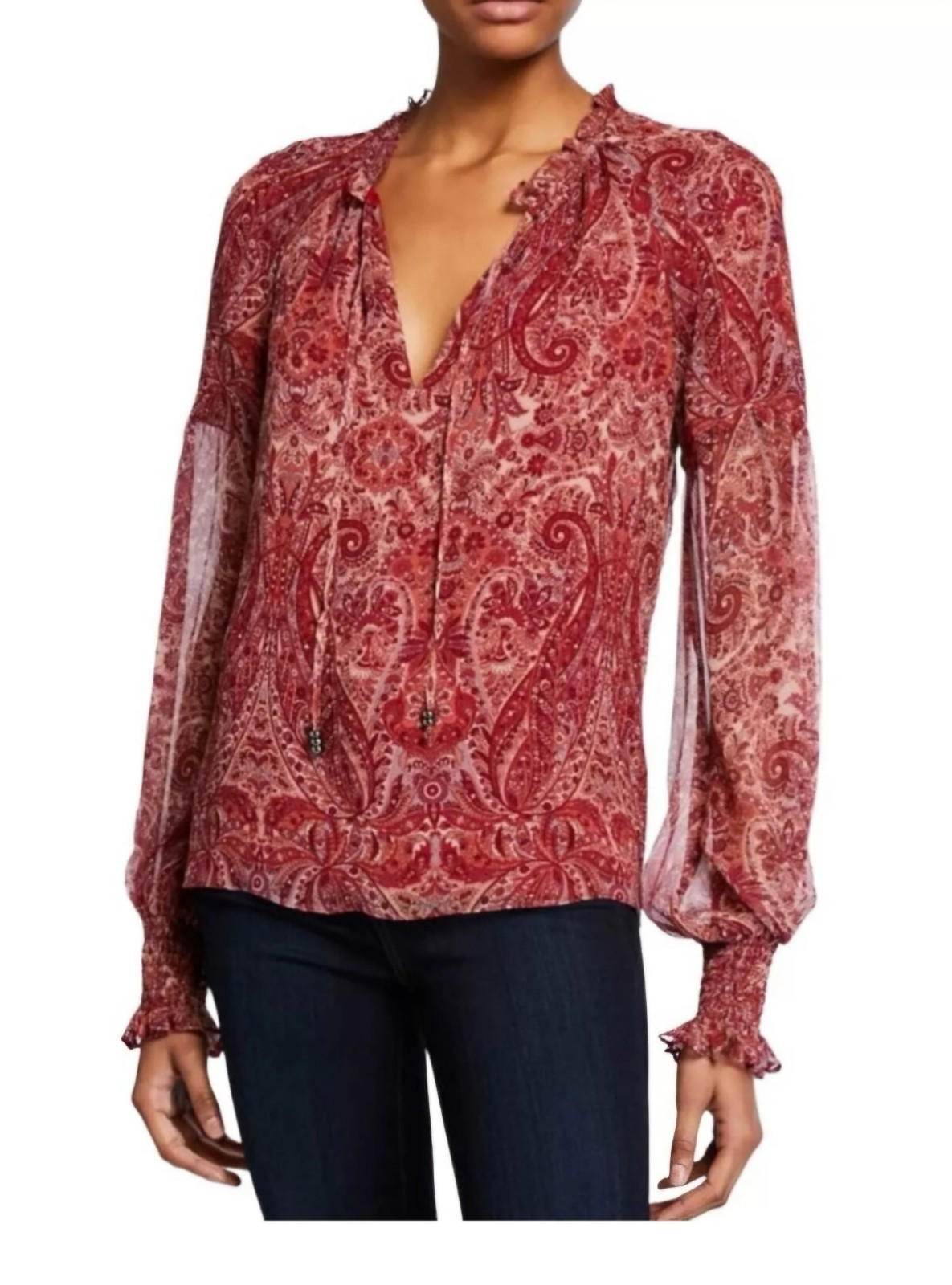 Ramy Brook Luanne Silk Blouse Red Paisley Boho Peasant Smocked Sleeve Small NEW