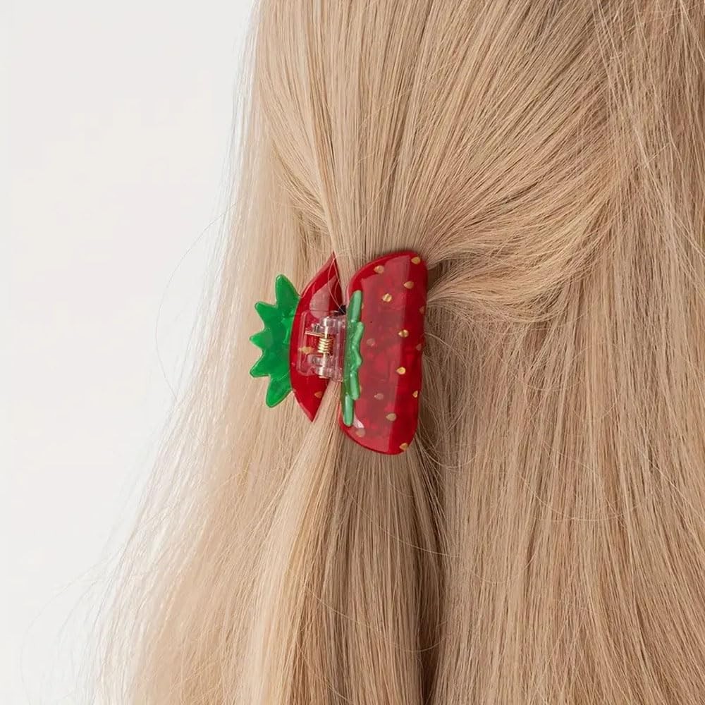 Strawberry Hair Clips for Women, Red and Green Fruit Design, And