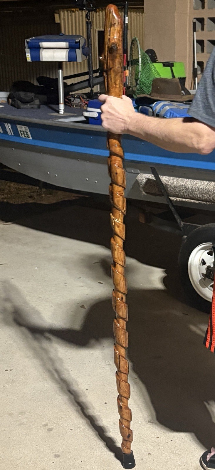 59” Hiking Staff Walking Stick W/stand Hand Carved Juniper From Gulf Coast River