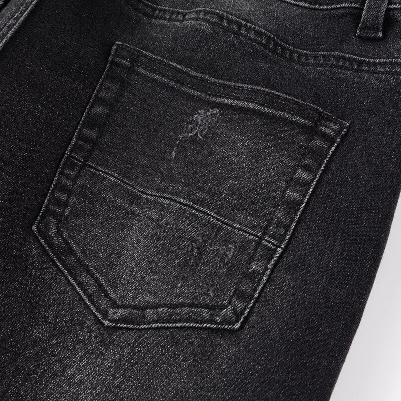 Men’s Black Skinny Stretch Jeans with Pink Patchwork Rips, Raw Hem, Button Waist