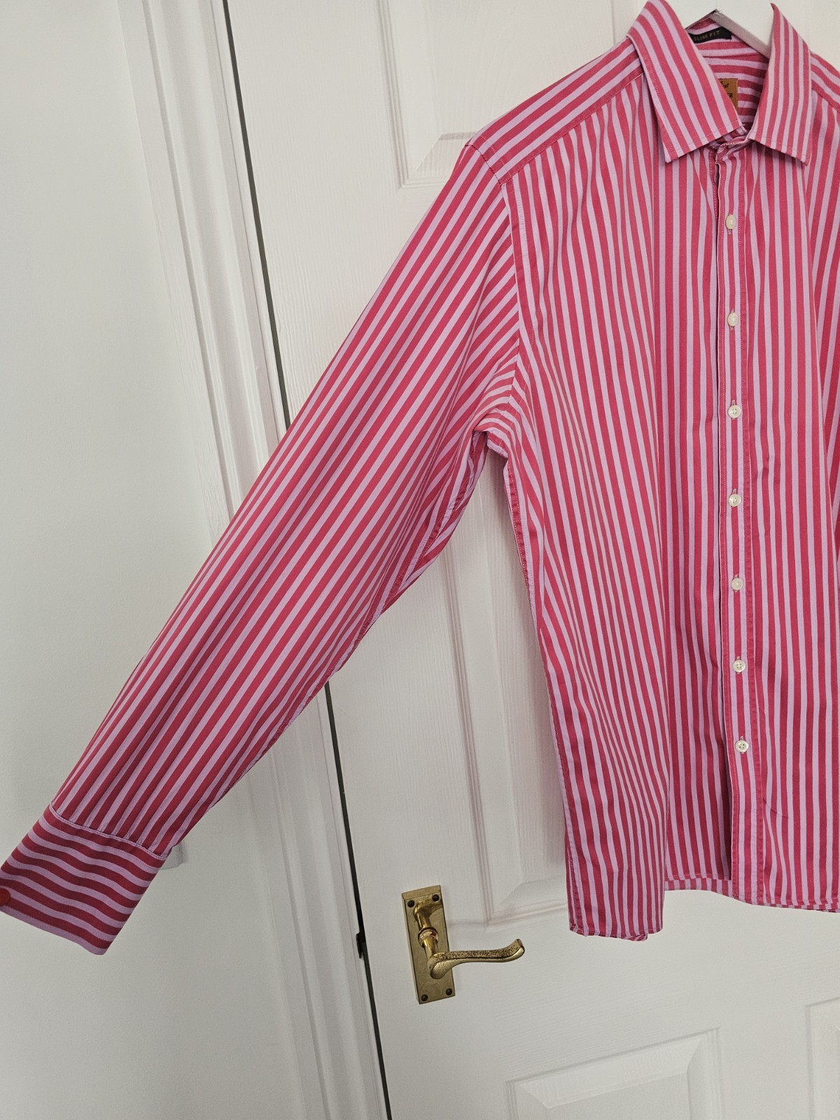 Simon Carter Stripe Shirt Size 16.5″ Slim Fit Luxurious Fabric Cotton Pink Lilac