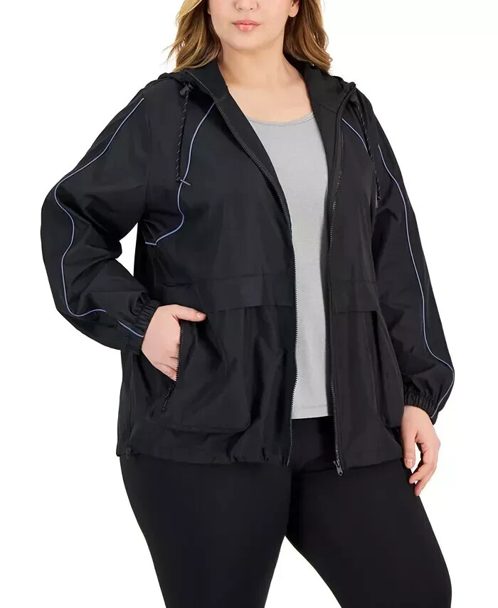 ID Ideology Women’s Plus Size Packable Zip-Front Hooded Jacket Deep Black New