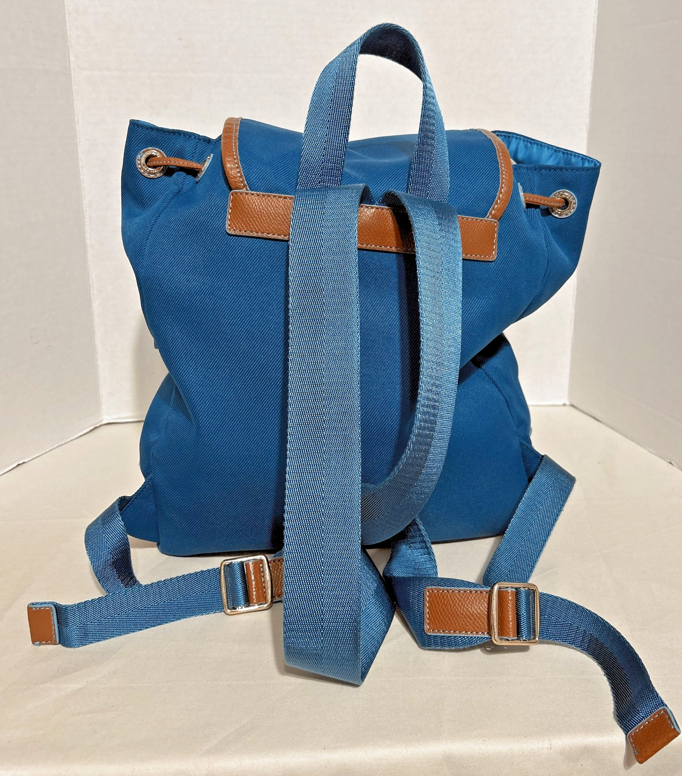Coach Sawyer Backpack 37240 Canvas Nylon Leather Bright Mineral Blue Drawstring