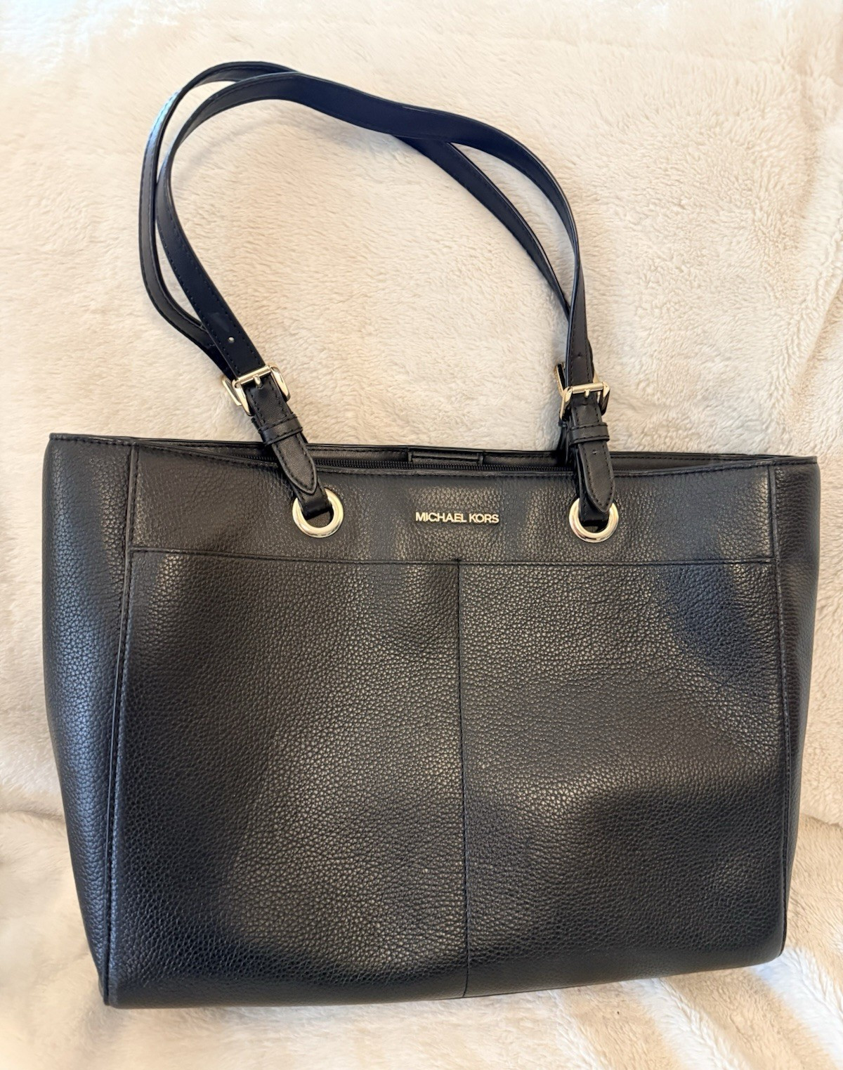 Michael Kors Black Pebbled Tote Shoulder Bag Zip Top Gold Hardware Pockets