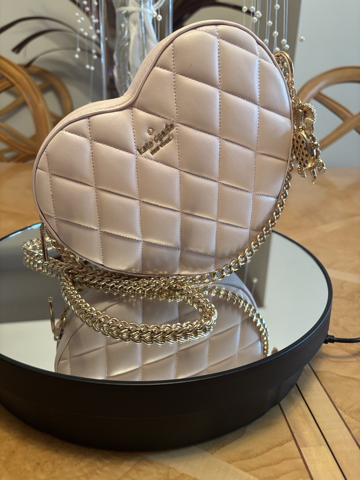 kate spade new york Quilted Heart Crossbody Bag Pink Gold Chain Zip Small