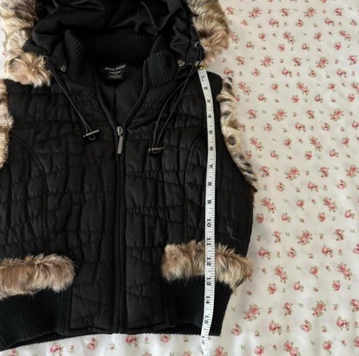 GUESS JEANS Women’s Black Hooded Puffer Vest Faux Fur Trim Full Zip S/M