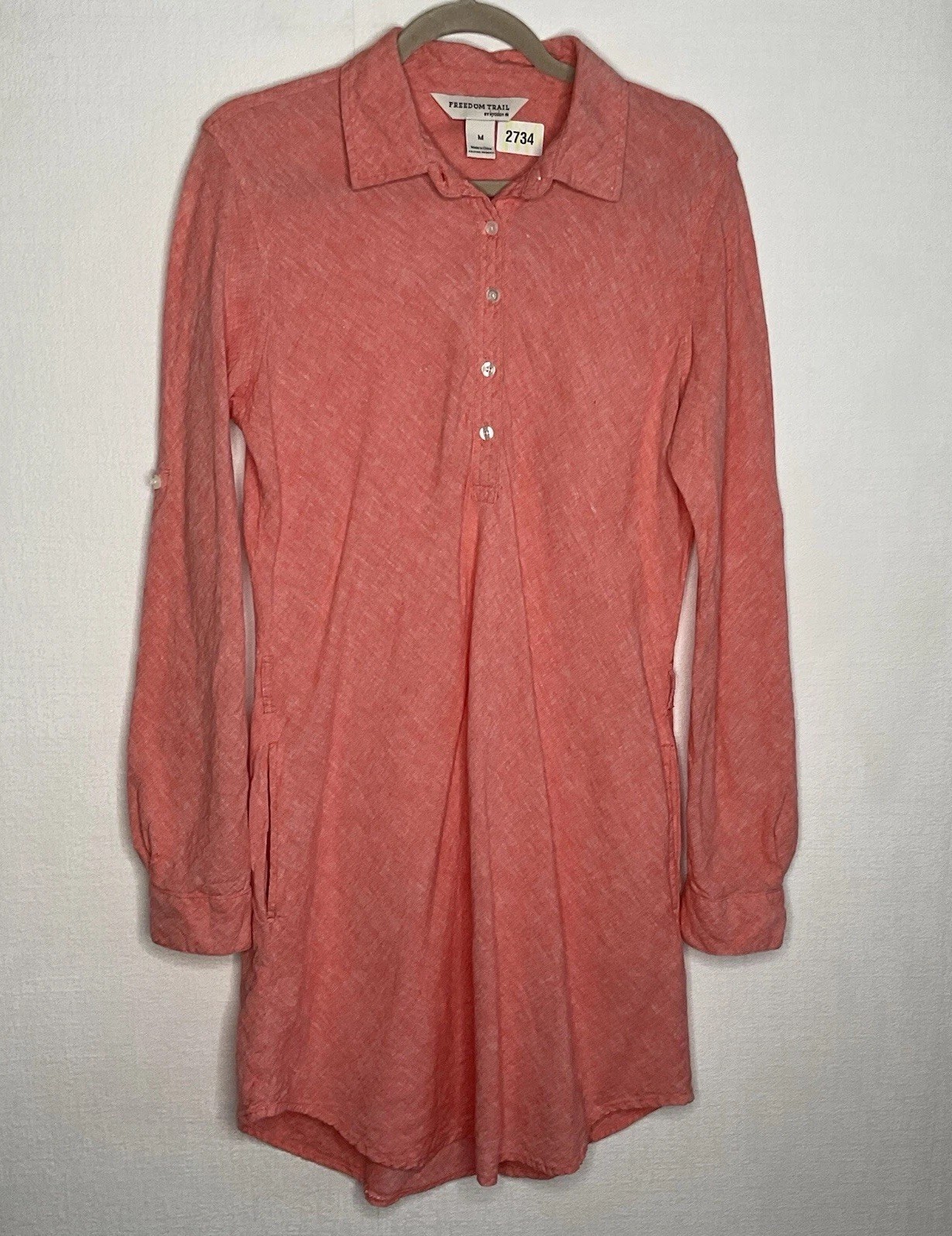 FREEDOM TRAIL Linen Dress Womens Medium Salmon Roll-Tab Sleeve Button Polo Dress