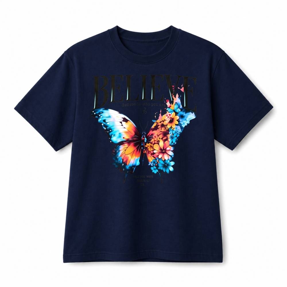 Believe Colorful Butterfly Inspirational Retro Graphic Cotton T‑Shirt Unisex