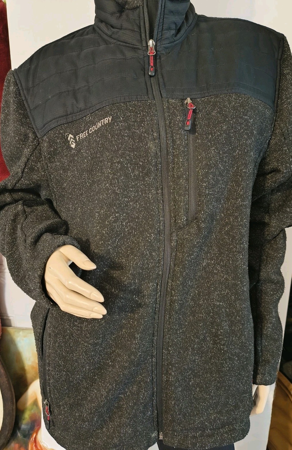 Free Country Large Men’s Jacket Black Gray Full Zip Fleece