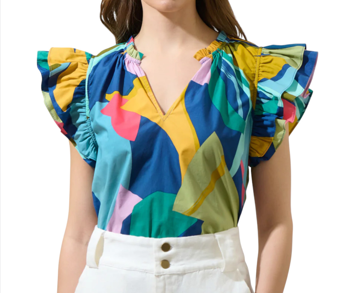 SUGARLIPS SUGAR LIPS Gia Abstract Risette Ruffle SPLIT NECK TOP Multi-Color SZ L