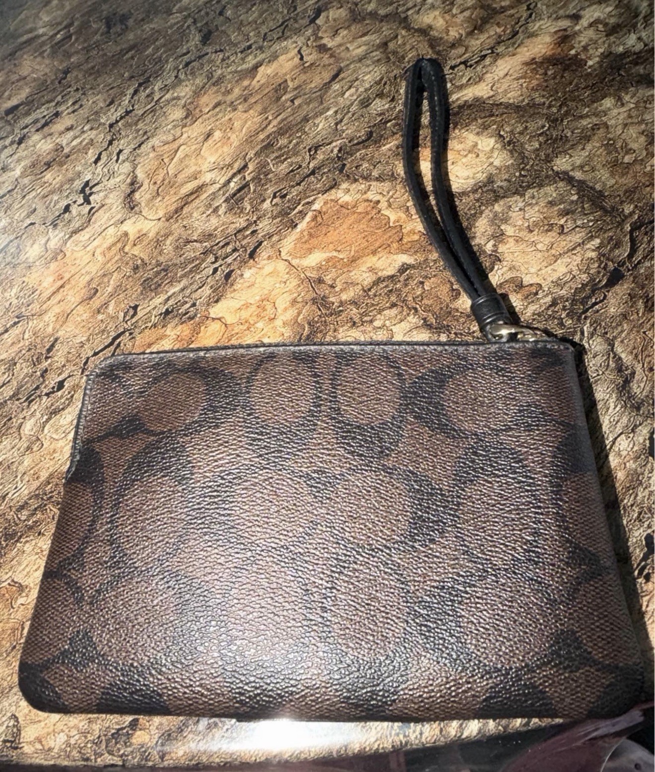 Coach Signature Brown/Black Zip Wristlet Wallet with Wrist Strap, Women