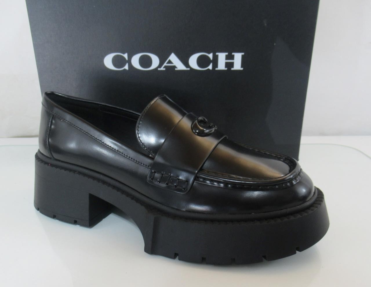 Women’s Coach Leah Platform Leather Lug Sole Loafers C Logo Black Size 7.5