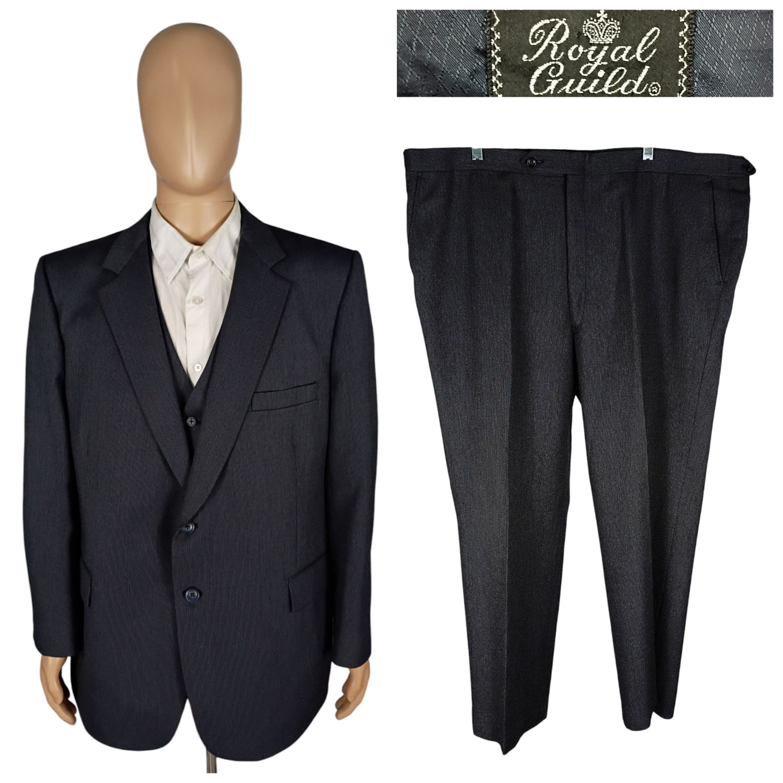 Vintage 90s Royal Guild Bespoke 3 Piece Gray Stripe Wool Suit 48S Portly 44X29