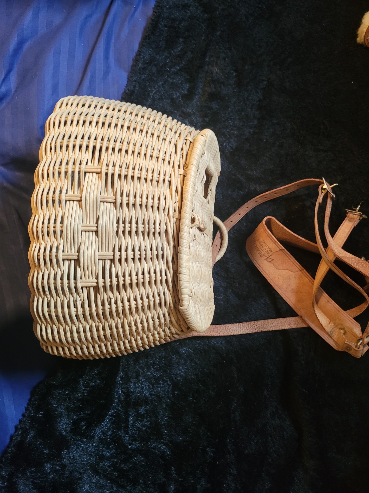 L.L. Bean Wicker Pattern Beige Satchel Shoulder Bag Leather Strap Buckle Vintage