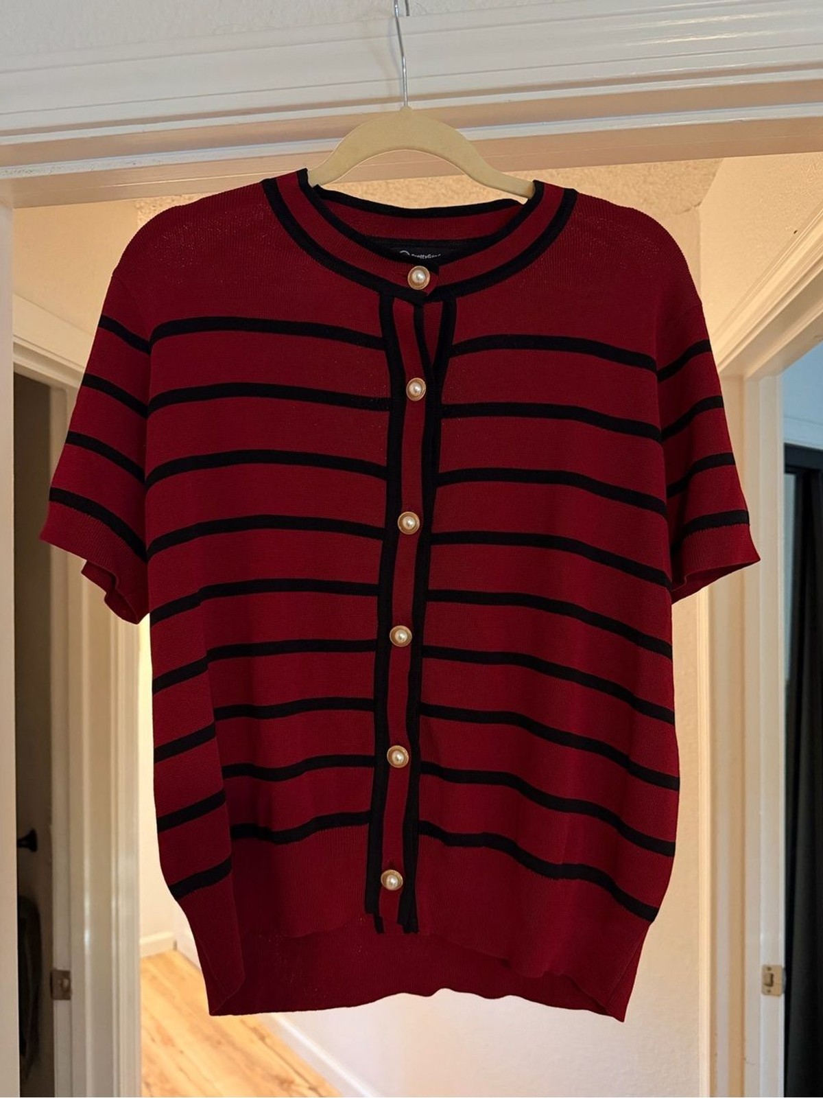 PrettyGarden Red Black Striped Pearl Button Knit Cardigan Top L