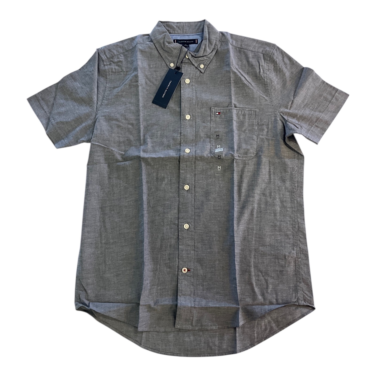 Tommy Hilfiger Short Sleeve Button-Up Collared Shirt Grey Blue Pocket Casual