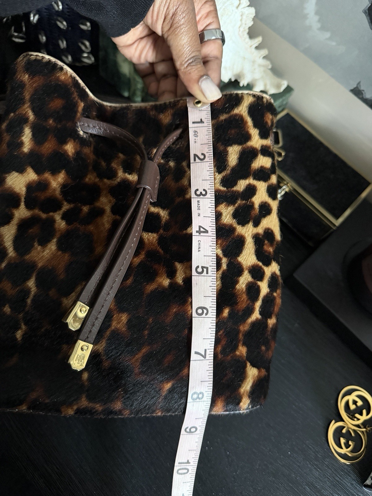 Ralph Lauren Leopard Debby Drawstring Bag Brown Black Gold Hardware