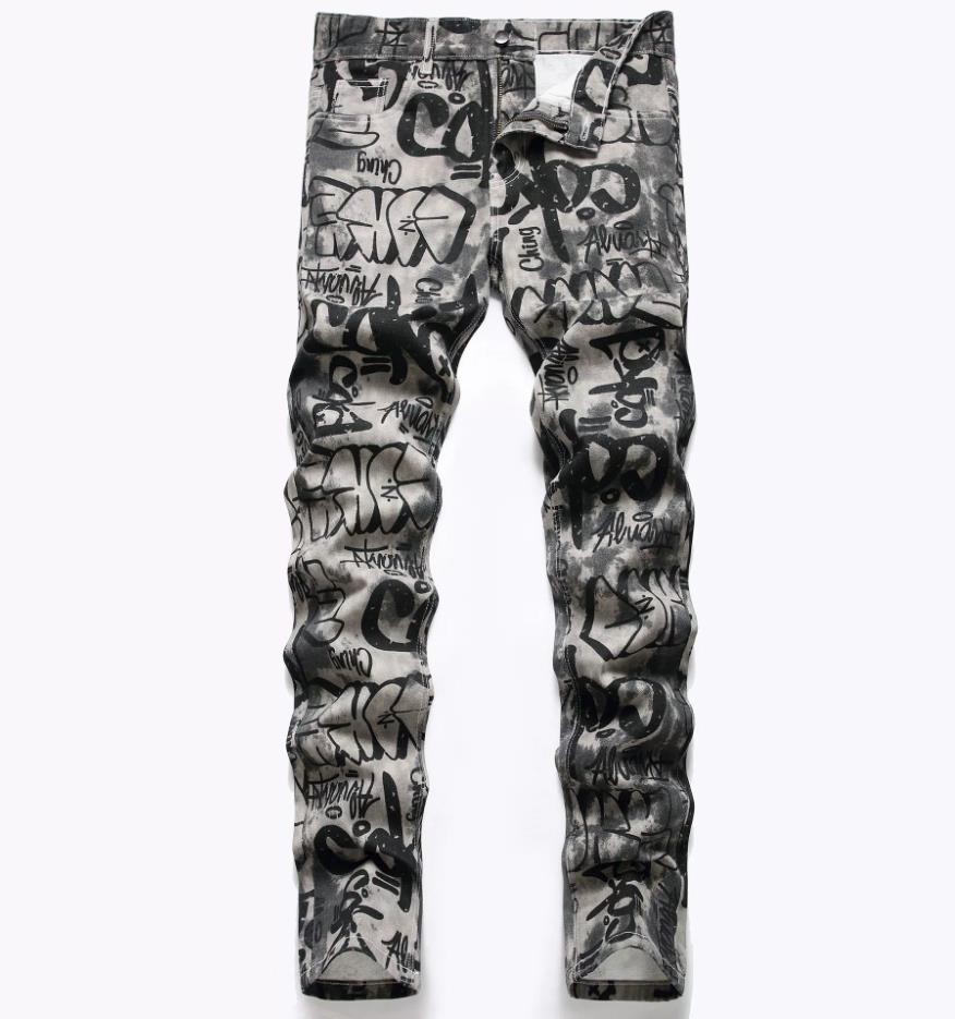 Men’s Gray Cotton Jeans Straight Leg Casual Letter Printed Punk Hip Hop Pants