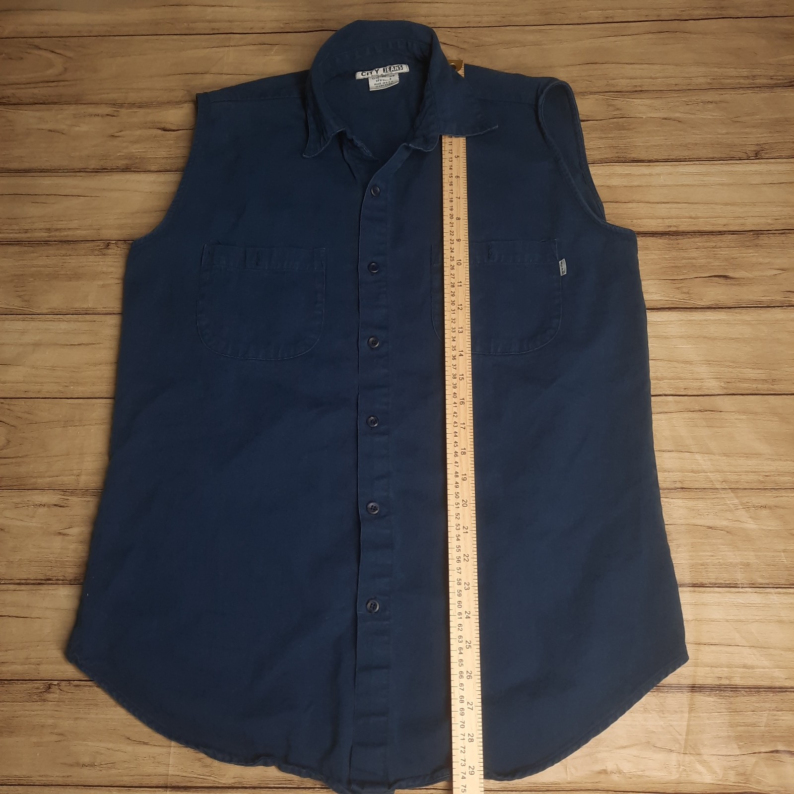 City Jeans Men’s Blue Biker Style Shirt Sleeveless USA Vtg Style Medium READ