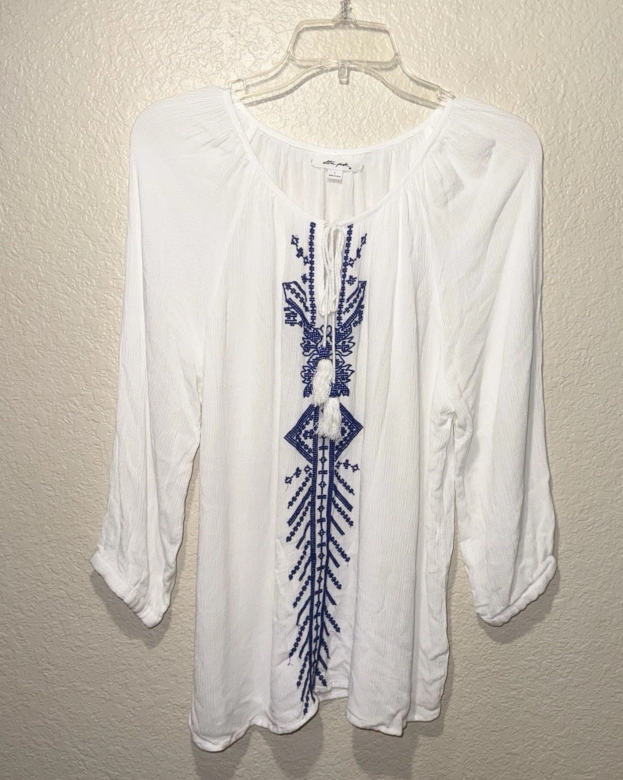 Ultra Pink Large White Embroidered Boho Peasant Tassel Sheer Top