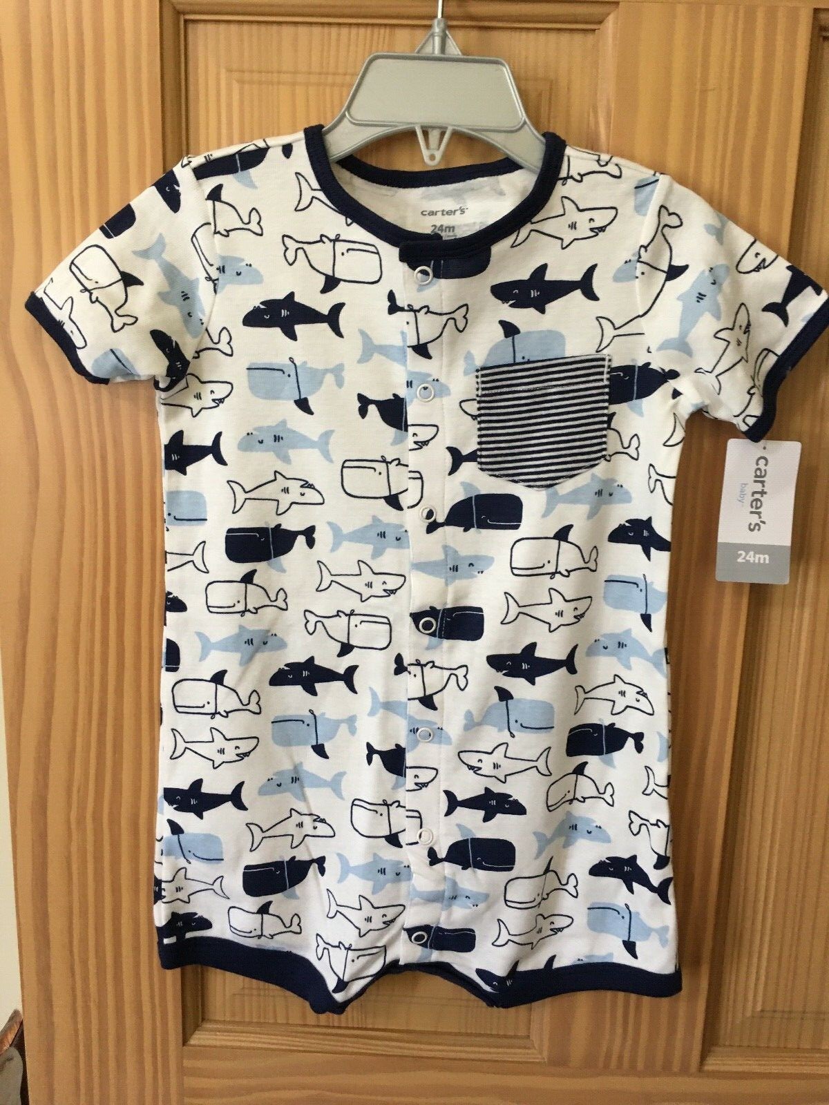 NWT Carter’s Shark Baby Boy Romper Navy White Infant many sizes