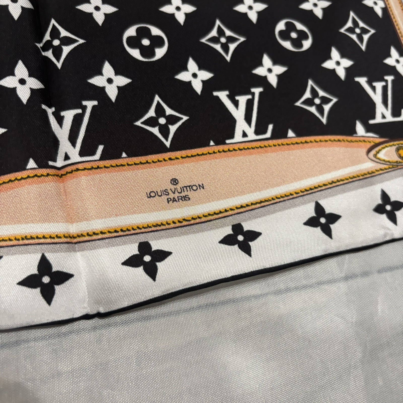 Louis Vuitton Monogram Silk Scarf Black White Chain Belt Print Square LV